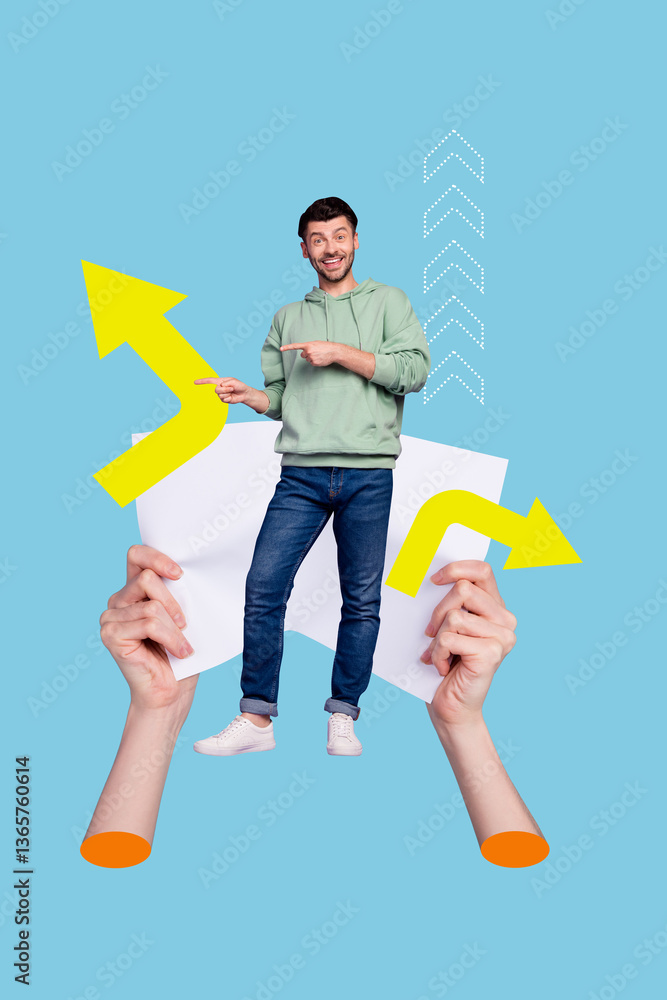 Poster poster image collage of young guy pointing copyspace with two cursors