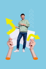 Poster image collage of young guy pointing copyspace with two cursors