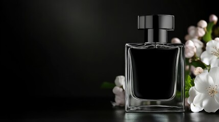 Elegant perfume bottle on a dark background with spring blossoms