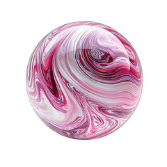 Obraz premium Pink and white marbled glass sphere isolated on a clean white background. Fluid swirl texture and glossy highlights. Modern elegance and creative flow. Ideal for branding, posters
