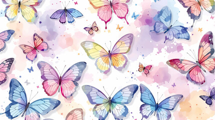 Watercolor pattern colorful butterflies on white background	