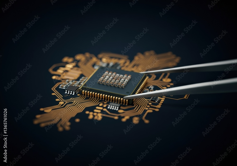 Poster close-up of a microchip being handled with precision tweezers