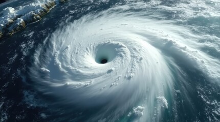 Close-up satellite view of a massive hurricane eye with dense clouds and spiraling bands, showcasing the structure and strength of a powerful storm during hurricane season