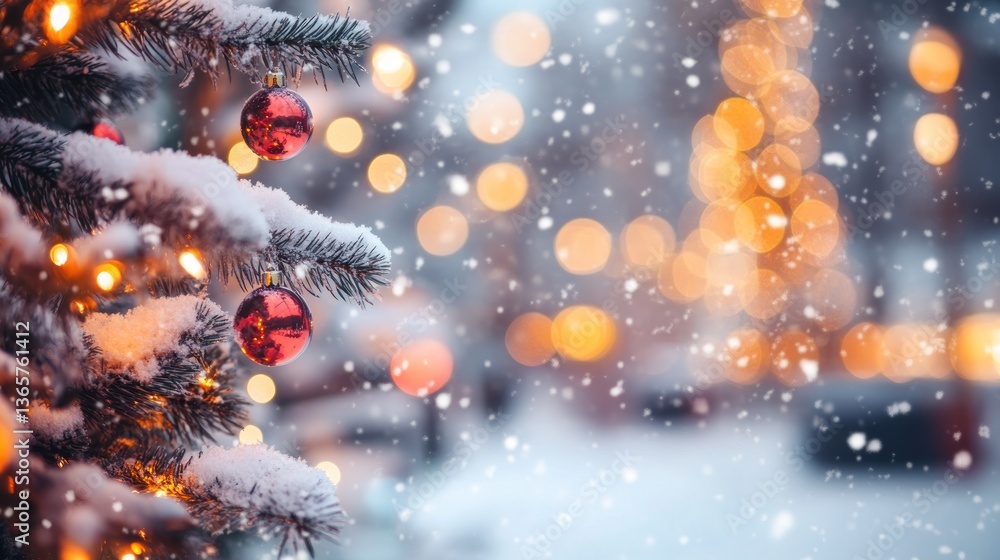 Poster snowy christmas tree with red ornaments and warm lights, bokeh background.