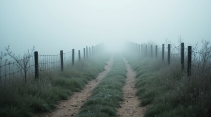 Obraz premium Close-up view of a fog-covered dirt path winding through countryside fields with dew-covered grass and wooden fences fading into the mist