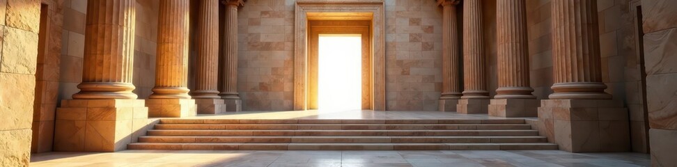 Grand marble staircase ascends to ancient Greek temple entrance , culture, stock, weathered