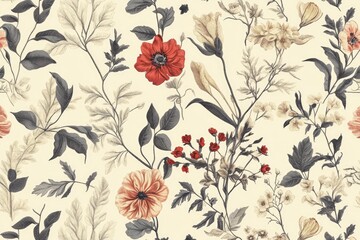 Seamless pattern background featuring a collection of vintage botanical illustrations with flowers and leaves in muted colors. MZ 