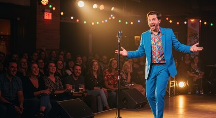 Comedian performing energetically on stage in a lively venue with an engaged audience enjoying the show