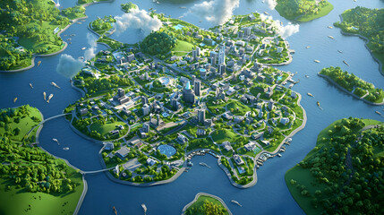 Aerial View of a Modern Eco-Friendly Urban Island Landscape