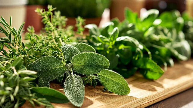 A close-up of fresh herbs being chopped on a wooden cutting board in a bright kitchen digital