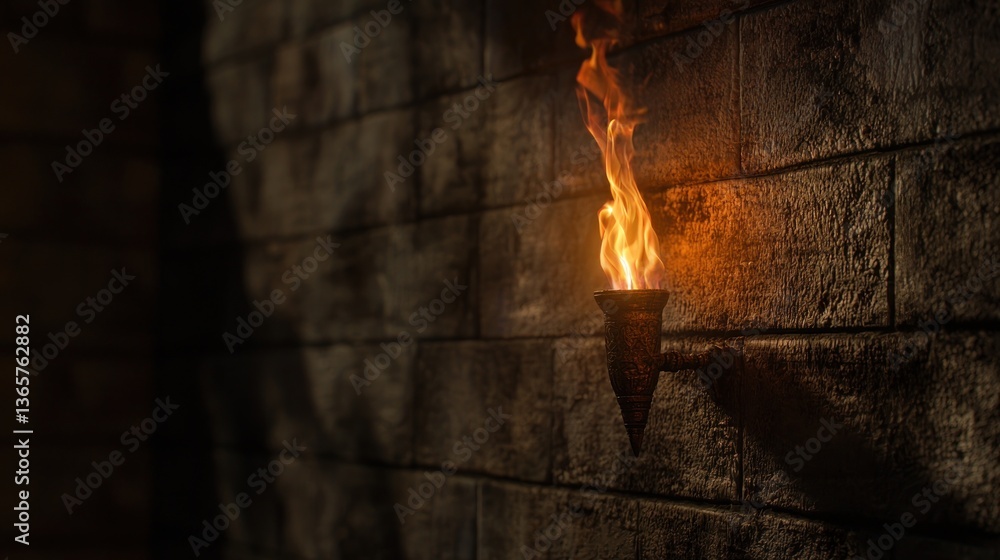 Poster flickering flame in a rustic torch illuminates a textured stone wall in a dimly lit setting