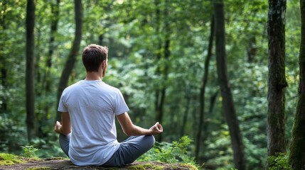 Obraz premium Serene Meditation in Nature: A person finds tranquility amidst the lush greenery of a forest, practicing meditation and embracing the calmness of the environment.