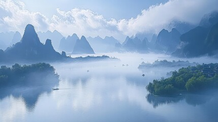 Majestic Karst Mountains and Misty River Valley