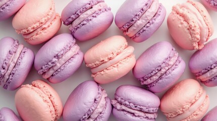 Fototapeta premium Square banner of colorful macarons in purple and pink, arranged in a circle, white backdrop, generative AI charm