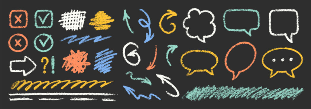 Cute Chalk Pencil Emphasis Squiggles Vector Set. Crayon Scribble Graffiti Arrows Frames Speech Bubbles Underlines. Hand Drawn Brush Texture Star Shapes Highlights. Pencil Childish Charcoal Doodles