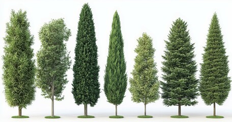 Fototapeta premium Diverse Tree Collection Seven Unique Trees in Various Shapes and Shades Against Clean White Background - Natural Diversity and Elegance for Designs and Education