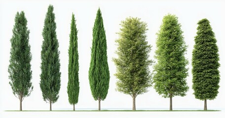 Diverse Tree Symphony Seven Unique Trees in Harmonious Formation on White Background, Detailed Foliage Textures, Vibrant Greens, Symmetrical Composition