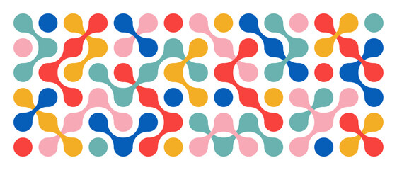 Dots metaball pink, green, yellow, red and blue pattern. Abstract round shapes on a white background. Connected vector spots. Geometric  decorative molecules. Texture. Modern minimalistic design.