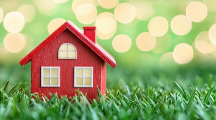 Miniature red house in grass, bokeh background, home ownership, real estate