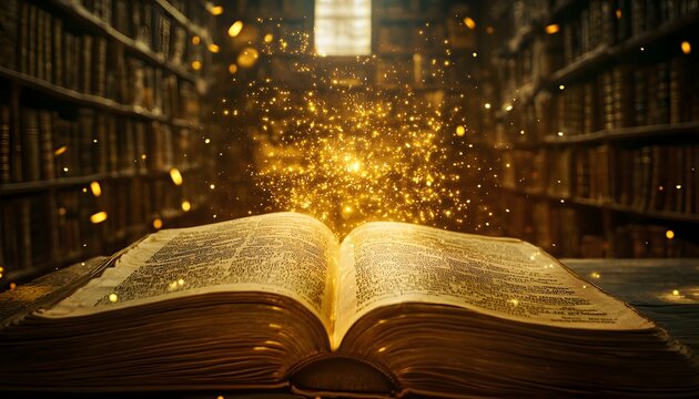A mystical portal opens in the middle of an old bookstore, golden light spilling from the pages of an ancient book, cinematic surreal discovery