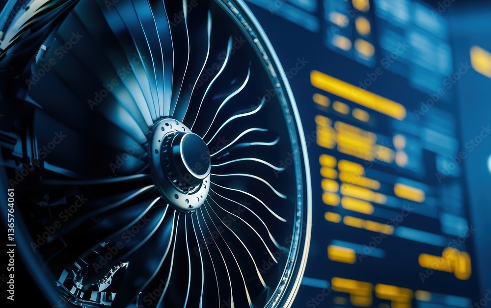 Poster a close-up of a jet engine turbine, showcasing its intricate design against a background of technica