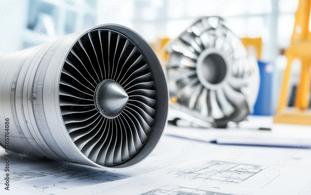 Poster a close-up view of aircraft turbine engines displayed on engineering blueprints, showcasing intricat