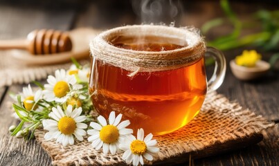 Steaming cup of herbal tea with chamomile flowers on a table