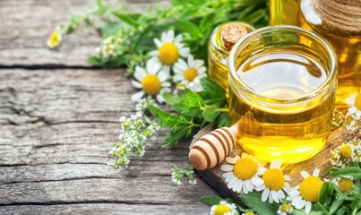 Yellow liquid in glass jars with flowers and wooden honey dipper