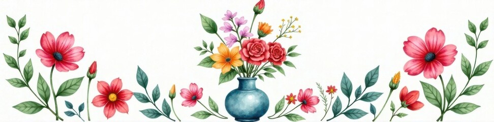 Watercolor floral wreath surrounding a vase with fresh flowers and greenery, vases, wreaths
