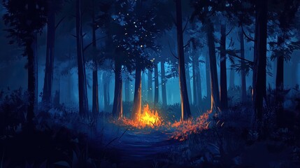 Enchanting night forest with fire