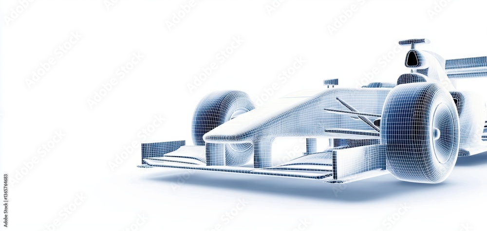 Poster a futuristic wireframe model of a racing car, emphasizing its sleek design and aerodynamic features 