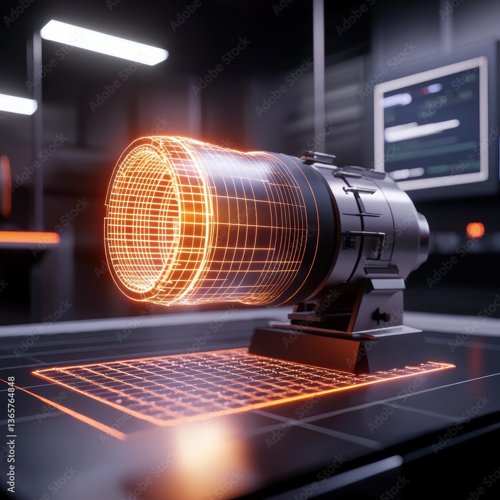 Poster a futuristic device with a glowing, wireframe design sits on a sleek surface, surrounded by high-tec