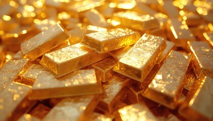 Many golden ingots are stacked together in a gleaming display