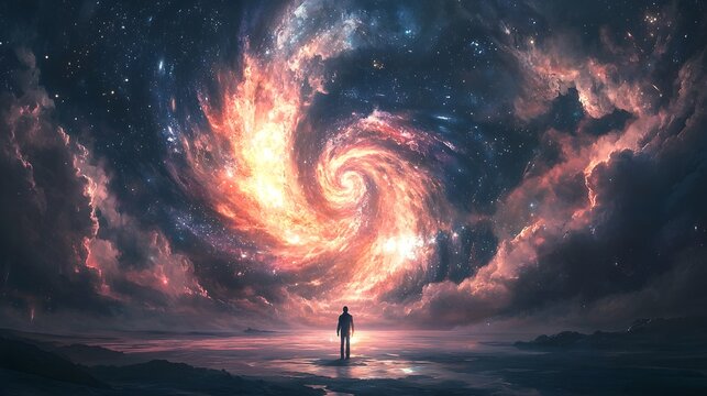 A cosmic gateway opens in the sky, revealing swirling galaxies beyond, a lone figure standing in awe, cinematic surreal wonder