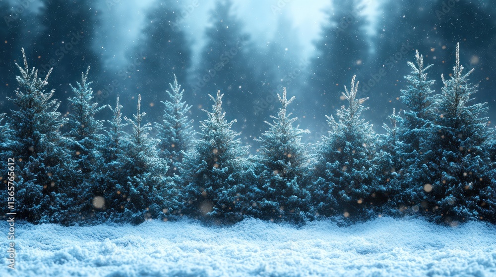 Poster snowy winter forest scene with snow-covered evergreen trees and falling snow.