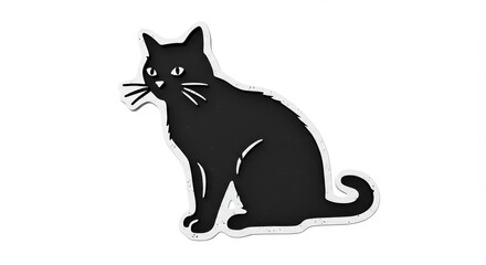 Sitting Black Cat Illustration with White Outline on a White Background