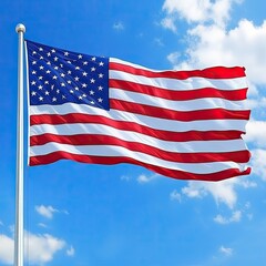 An American flag waving freely against a bright blue sky