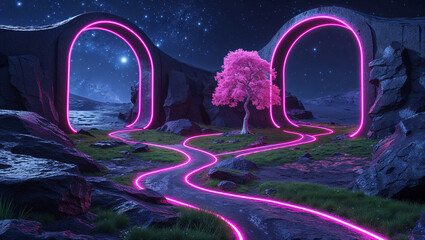 Glowing neon path leads through alien landscape with pink tree under starry sky