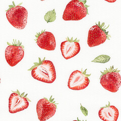 Fresh strawberries in watercolor style, showcasing whole and sliced fruit with green leaves, creating vibrant and appetizing pattern. Perfect for food related designs