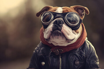 A Bulldog Wearing Aviator Goggles and Leather Jacket