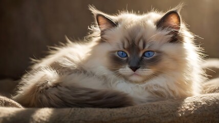 A sleepy Ragdoll kitten curled up in a sunbeam, fur glowing softly, hyper-detailed, cozy and peaceful setting