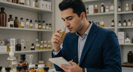 Man in a suit analyzing fragrance in a laboratory filled with various bottles and ingredients