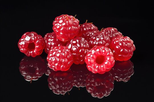Pile of fresh vibrant red raspberries shown on a black surface