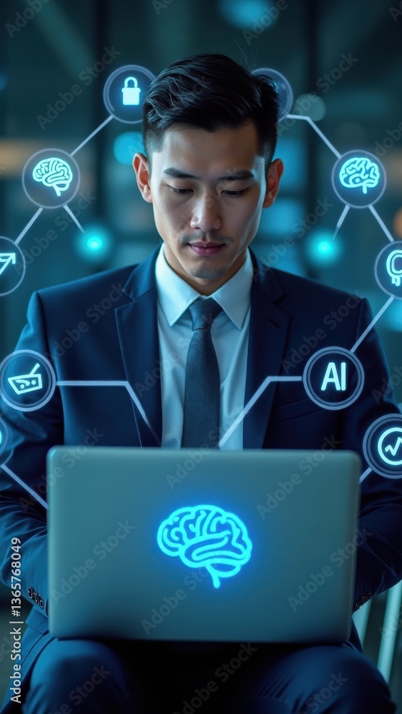 Poster man is sitting in front of a laptop with a brain icon on the screen. concept of intelligence and foc