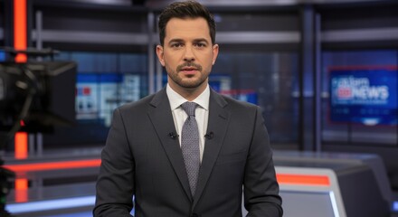 Professional news anchor presenting live broadcast in a modern studio with vibrant background screens