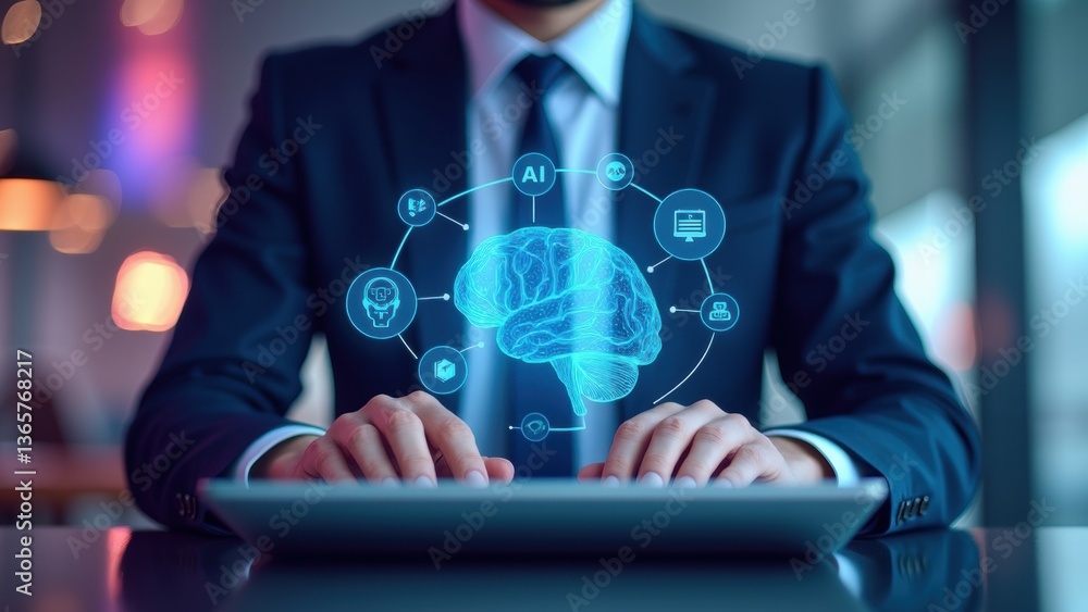 Poster man in a suit is typing on a laptop with a brain image on the screen. the image represents the idea 