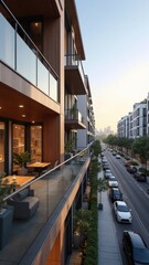 Obraz premium Large building with a balcony overlooking a city street. The balcony has a table and chairs, and there are potted plants on the balcony