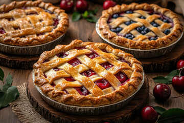 Three cherry pies, fresh from the oven, with beautifully woven lattice tops.