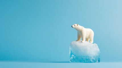 A Symbol of Vulnerability: A solitary polar bear figurine stands atop a melting ice cube, set against a stark, calming blue background.