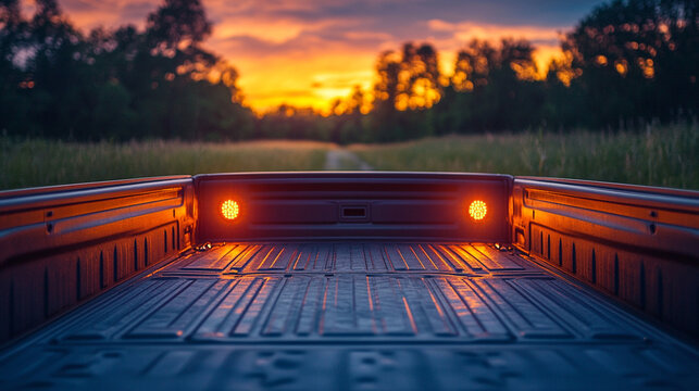 Sunset view from the back of a truck bed on a quiet country road